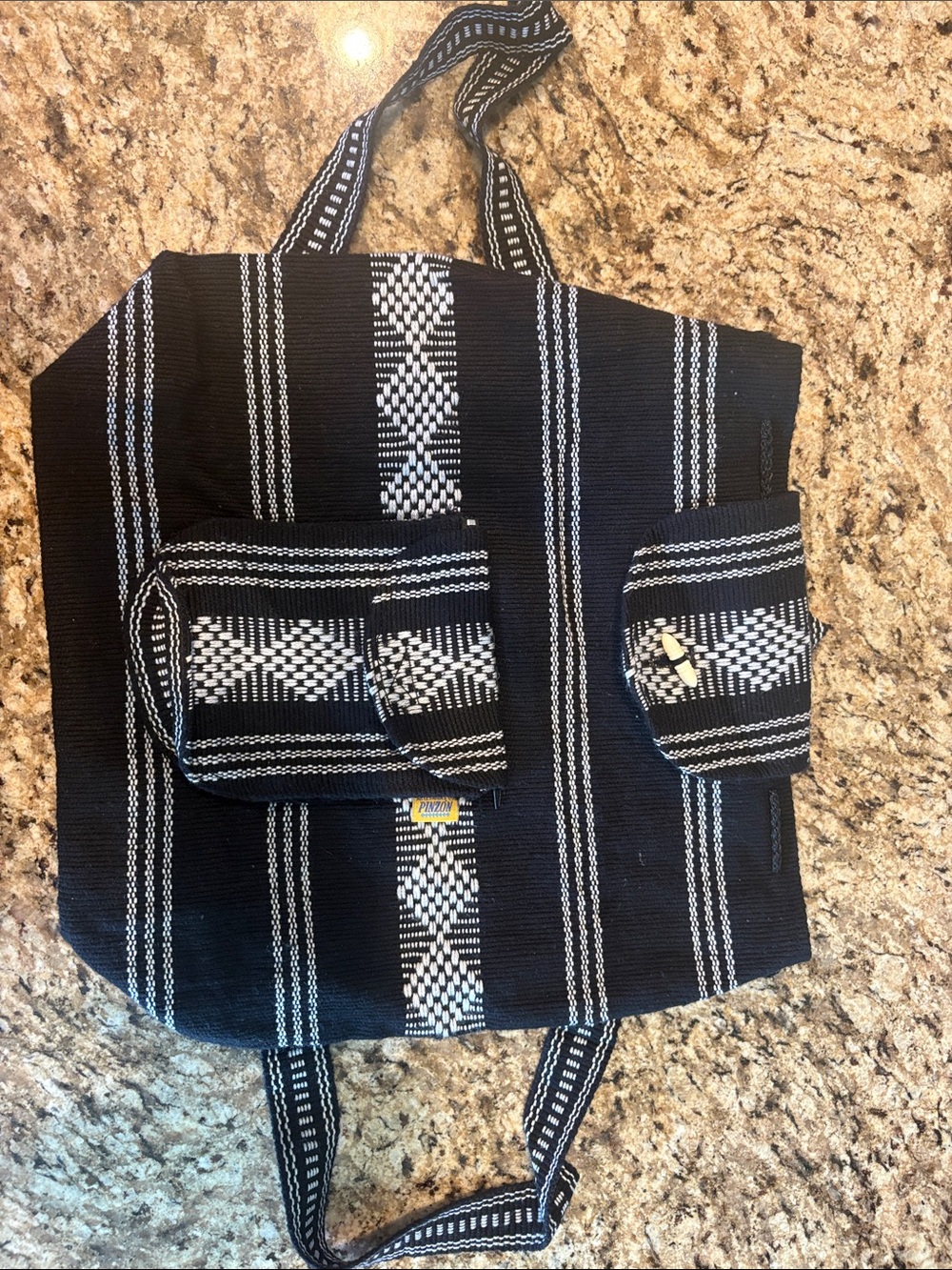 Black & White Woven Backpack Tote with Front Flap Pockets